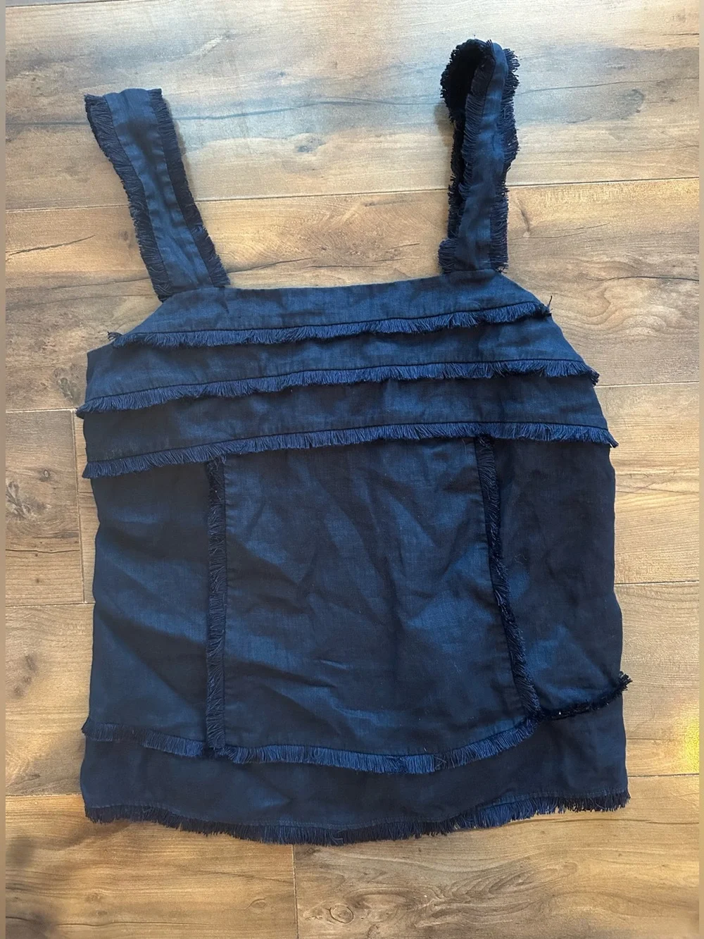 J.Crew Navy 100% Linen Fringe Ruffle Tank Top Coastal Boho Size 0